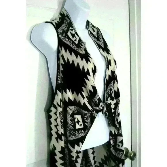 Timing duster open cardigan vest Small / Medium tribal festival black beige - Picture 4 of 9